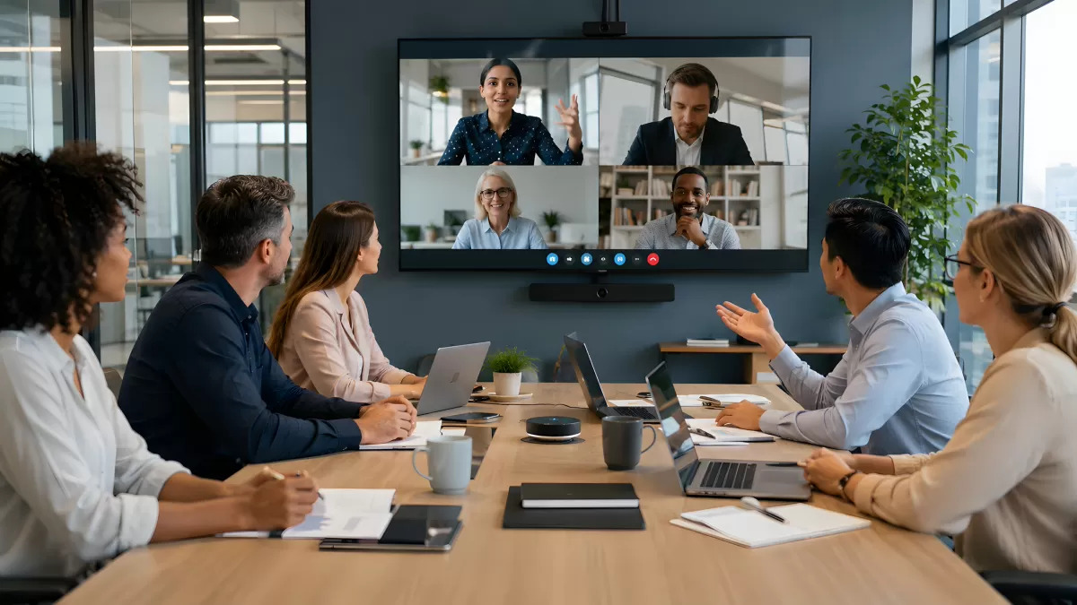 Videokonferenz im Büro: Hybrides Teammeeting