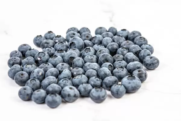 Viele frische Blaubeeren auf einem Haufen auf weißem Hintergrund