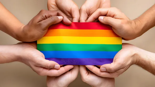 Viele Hände halten gemeinsam Regenbogenfahne