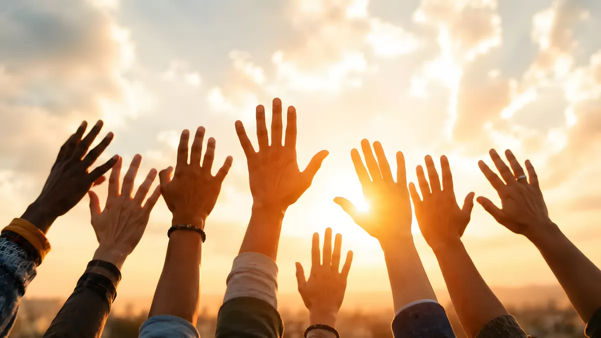 Viele Hände recken sich im Sonnenuntergang in die Höhe