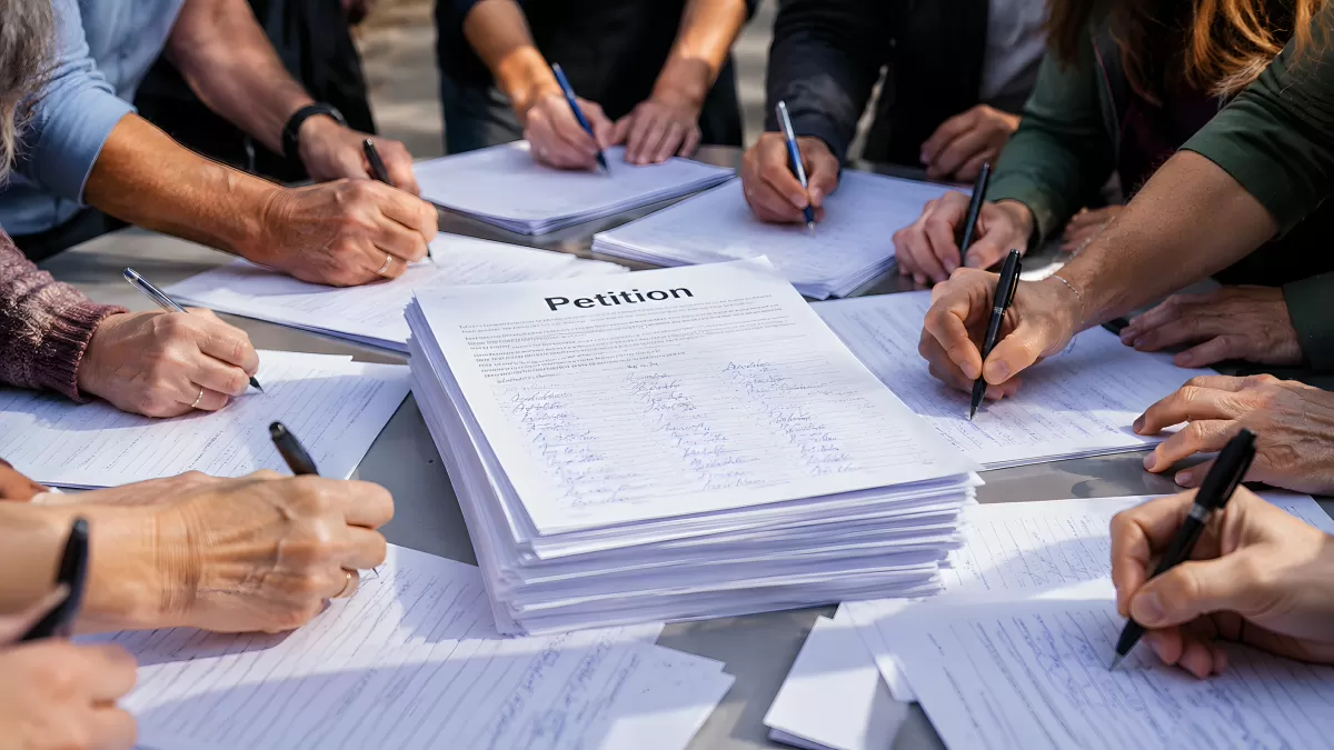 Viele Hände unterzeichnen gemeinsam eine Petition