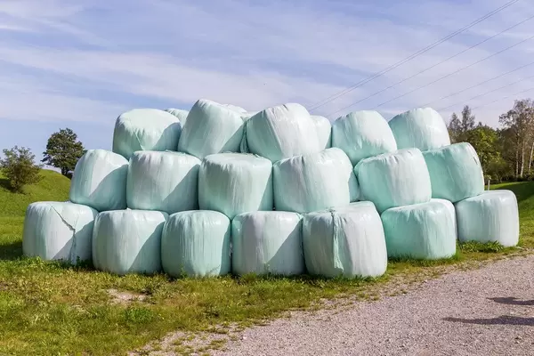 Viele verpackte Heuballen in Kramsach, Alpbachtal, Tyrol