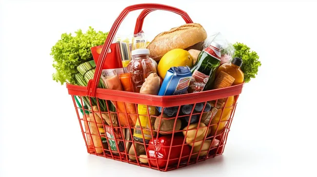 Vielfältige Auswahl an Lebensmitteln in Einkaufskorb