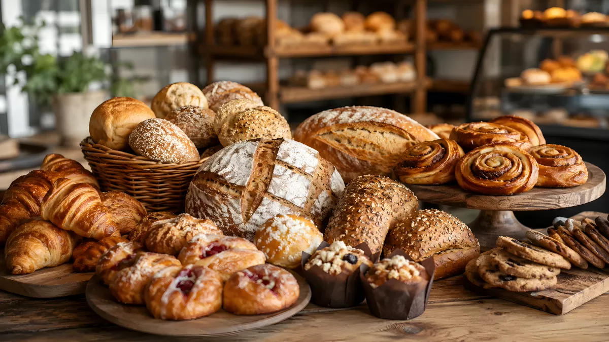 Vielfältige Backwaren in einer rustikalen Bäckerei
