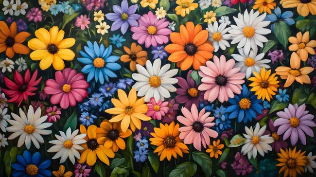 Vielfältige Blumenwiese in knalligen Farben