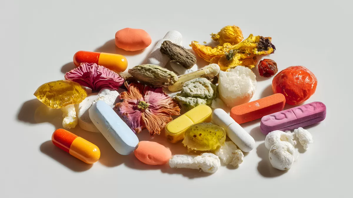 Vielfältige bunte Medikamente und Heilkräuter auf weißem Hintergrund