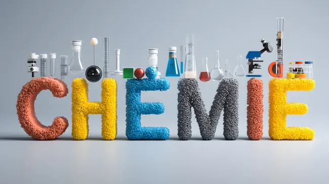 Vielfältige Chemie-Symbole und -Utensilien als Schriftzug