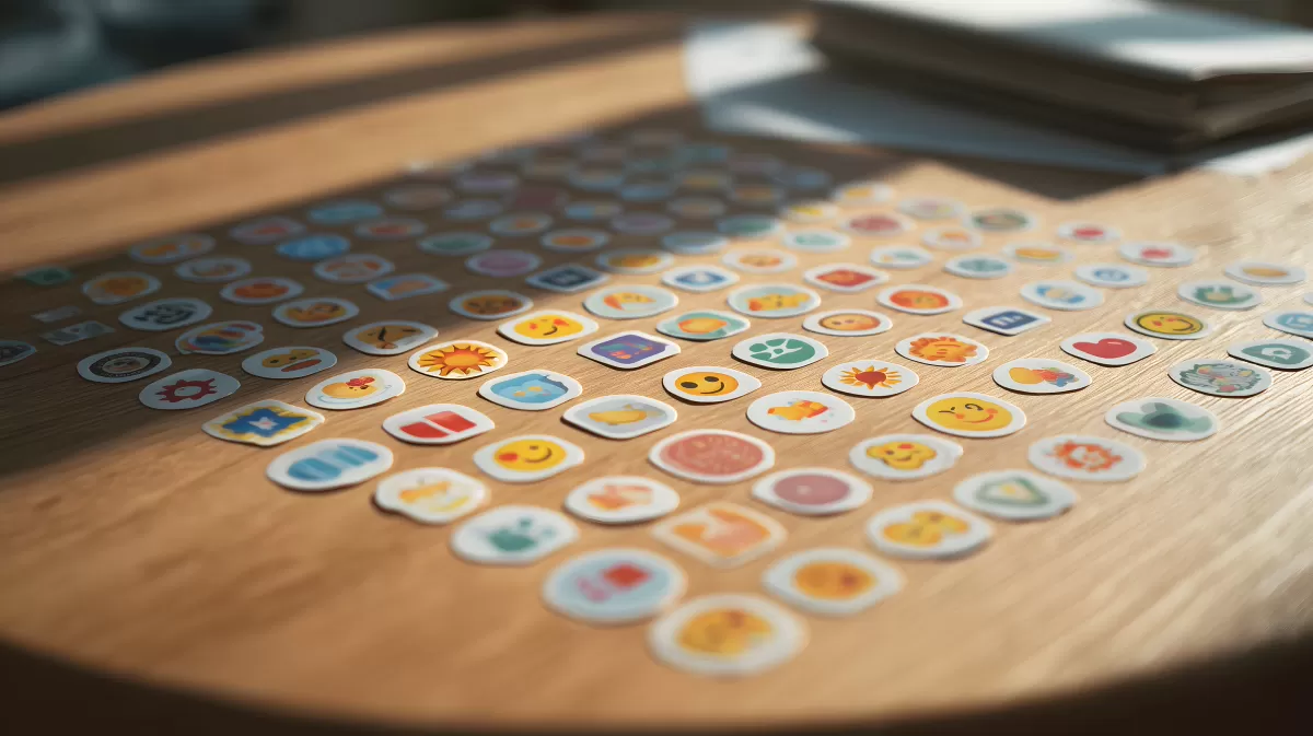 Vielfältige Emojisticker auf Holzoberfläche