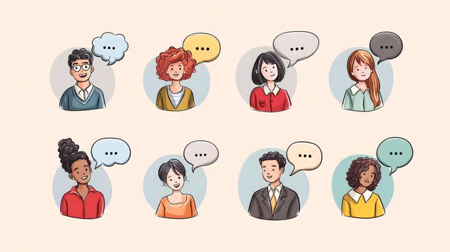 Vielfältige Figurenillustrationen mit Sprechblasen