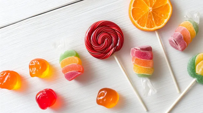 Vielfältige Fruchtgummi-Lollis auf weißem Holzuntergrund