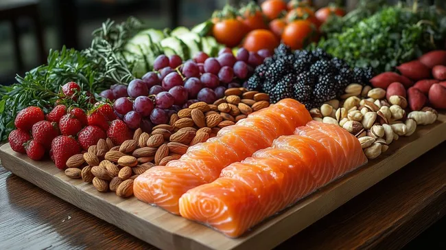 Vielfältige, gesunde Lebensmittelauswahl auf Holzbrett