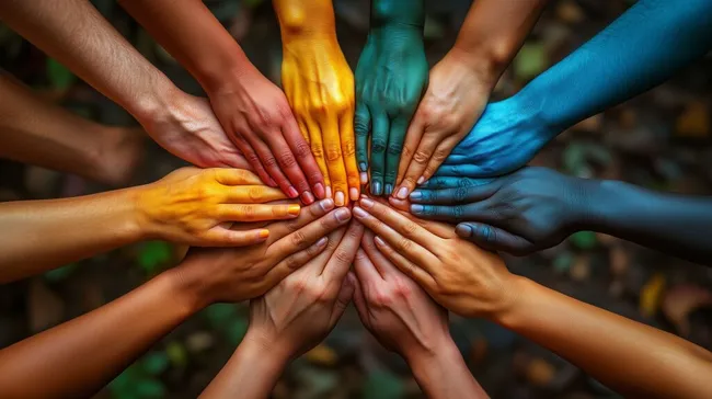 Vielfältige Hände vereint in einer bunten Geste