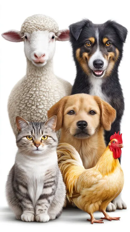 Vielfältige Haustiere in einer Gruppe vor weißem Hintergrund