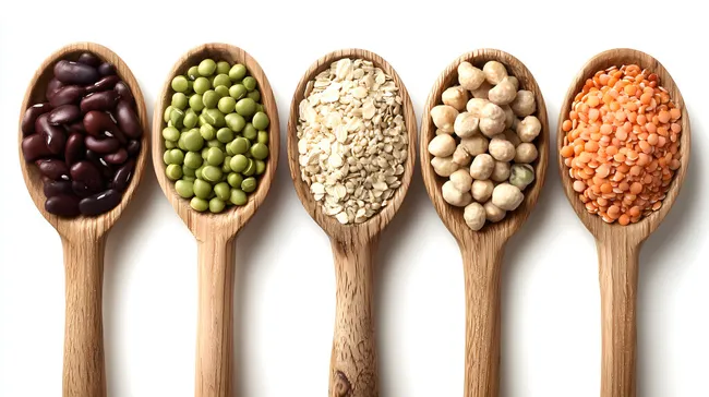 Vielfältige Hülsenfrüchte und Getreide auf Holzlöffeln