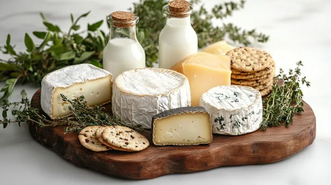 Vielfältige Käseauswahl mit Milchprodukten und Knäckebrot