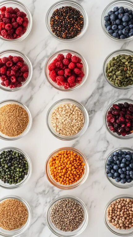 Vielfältige Körner und Beeren in Glasbehältern auf Marmortisch