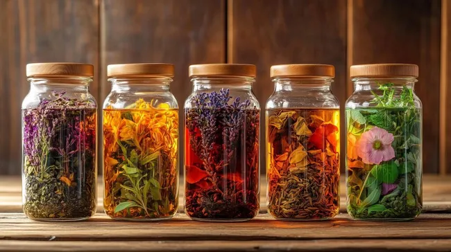 Vielfältige Kräutertees in Glasgefäßen auf rustikalem Holz