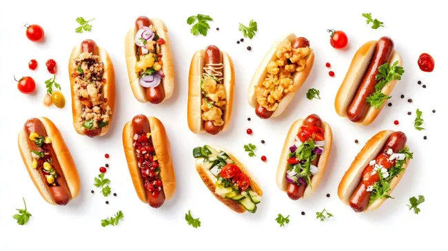 Vielfältige Kreativ-Hotdogs mit frischen Zutaten