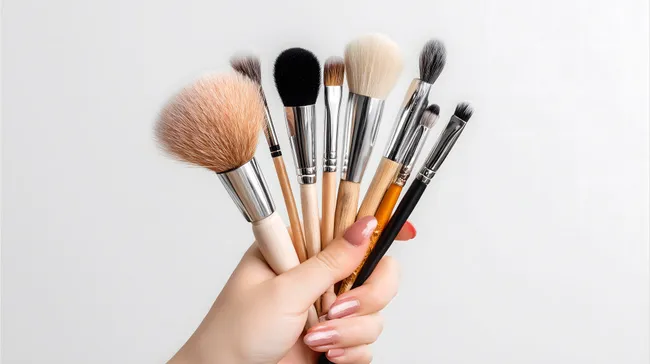 Vielfältige Make-up-Pinsel in Frauenhand