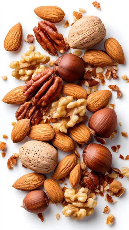 Vielfältige Nuss-Zusammenstellung auf weißem Hintergrund