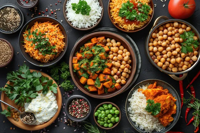 Vielfältige orientalische Gerichte auf Schwarzem Hintergrund