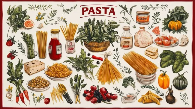 Vielfältige Pasta-Zutaten in rustikaler Collage