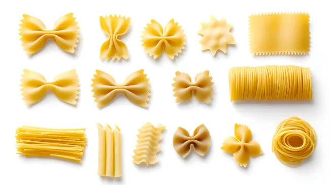 Vielfältige Teigwaren in kreativer Anordnung