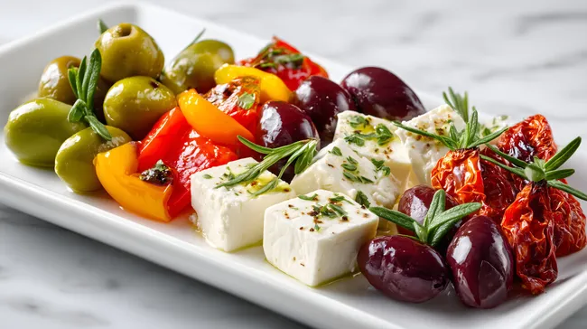 Vielfältiger Antipasti-Teller mit Oliven, Feta und Tomaten