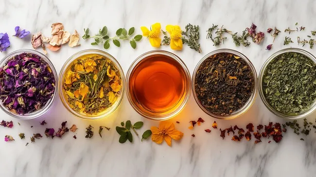 Vielfältiger Kräutertee mit Blüten auf Marmortisch