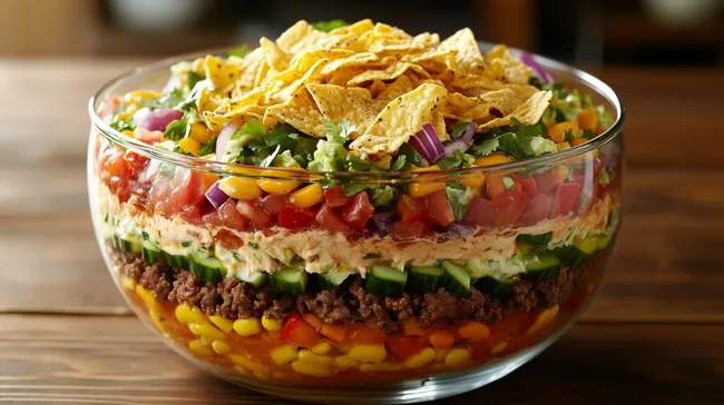 Vielfältiger Taco-Salat in dekorativer Glasschale