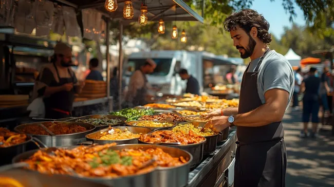 Vielfältiges Angebot an Straßenküchen-Gerichten auf Marktstand