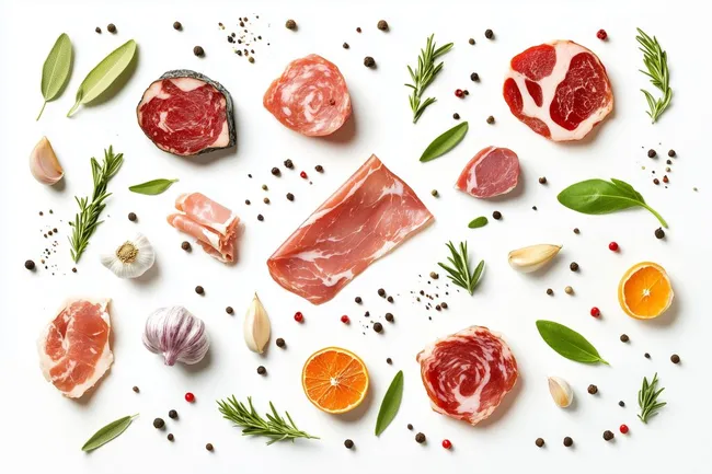 Vielfältiges Fleischsortiment mit Gewürzen und Zitrusfrüchten
