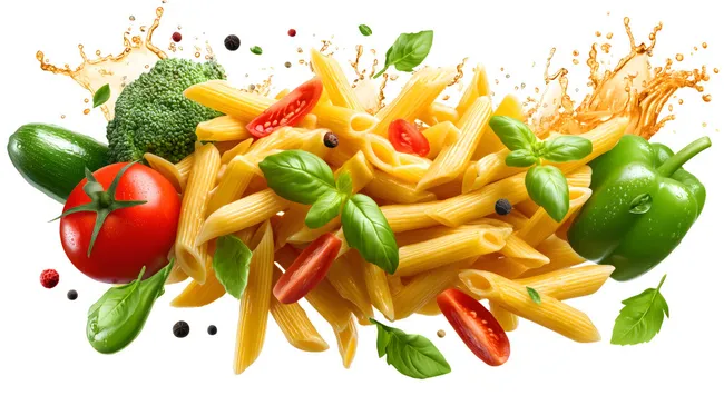 Vielfältiges Gemüse und Pasta mit Splash-Effekt