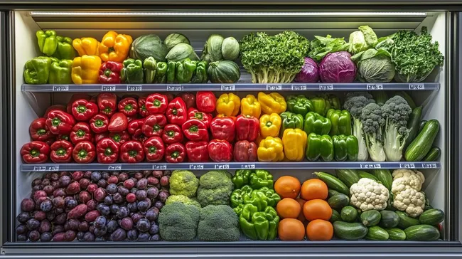Vielfältiges Gemüsearrangement in modernem Kühlschrankfach