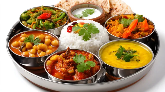Vielfältiges indisches Thali-Gericht mit Reis und Currys