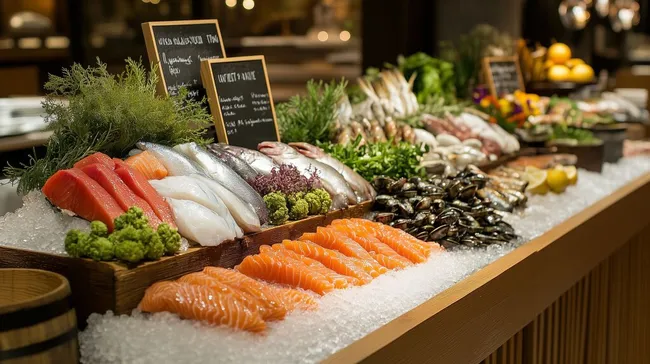 Vielfältiges Meeresfrüchte-Angebot an Fischhändler-Theke