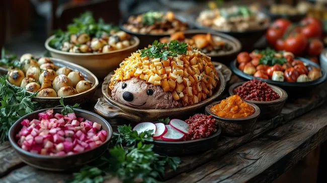 Vielfältiges Mittagessen mit bunten Beilagen und Mettigel
