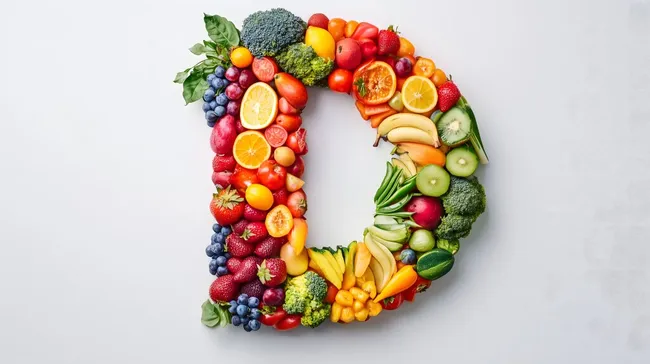 Vielfältiges Obst- und Gemüse-Arrangement als gesunde Hintergrundgrafik