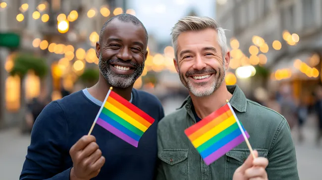 Vielfältiges Paar feiert Pride Month in der Stadt