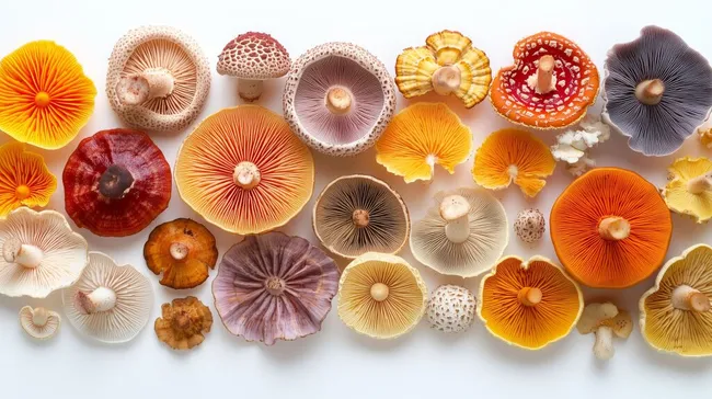 Vielfältiges Pilz-Stillleben in leuchtenden Farben