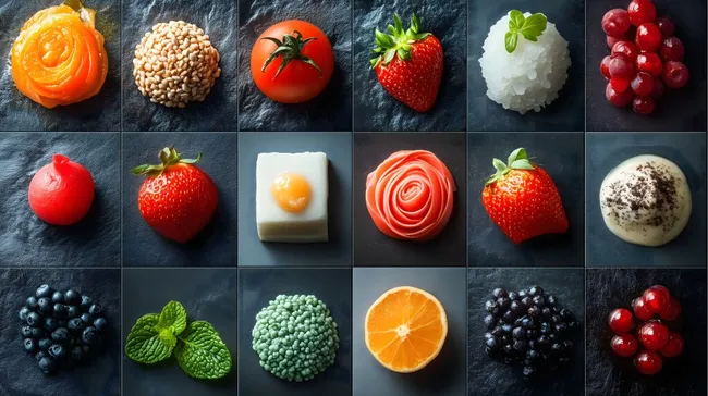 Vielfältiges Sortiment frischer Lebensmittel auf Schieferplatten