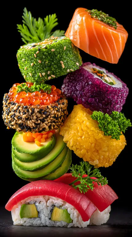 Vielfältiges Sushi-Arrangement auf schwarzem Hintergrund