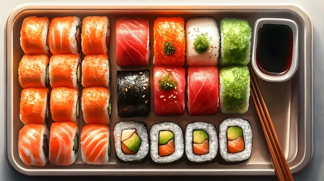 Vielfältiges Sushi-Set mit Sojasoße und Essstäbchen