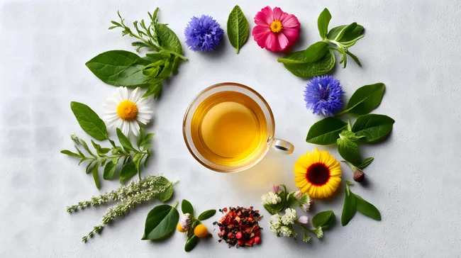 Vielfältiges Tee-Arrangement mit frischen Blüten