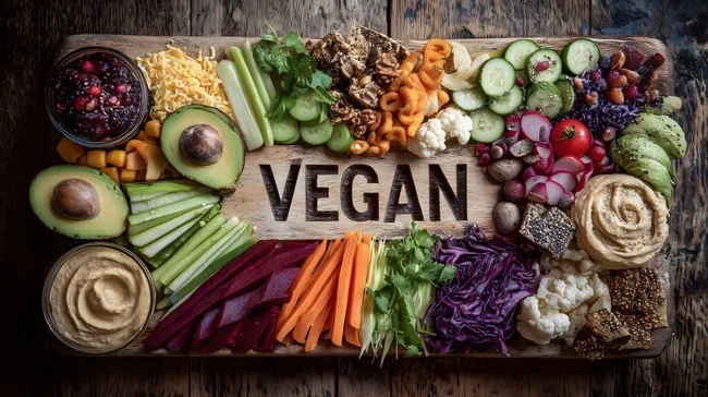 Vielfältiges veganes Gemüsebrett mit Avocado und Hummus