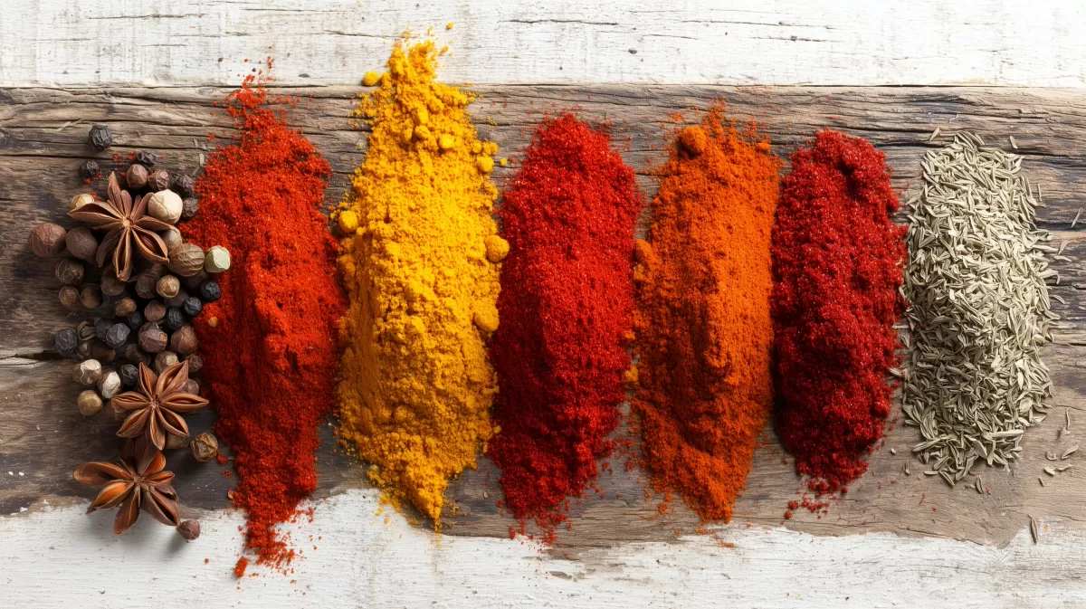 Vielfalt an aromatischen Gewürzen auf Holztisch