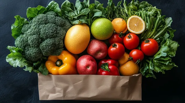 Vielfalt an frischem Obst und Gemüse in nachhaltiger Papiertüte