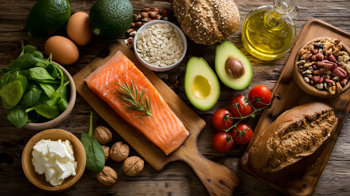 Vielfalt an gesunden Lebensmitteln auf rustikalem Holztisch