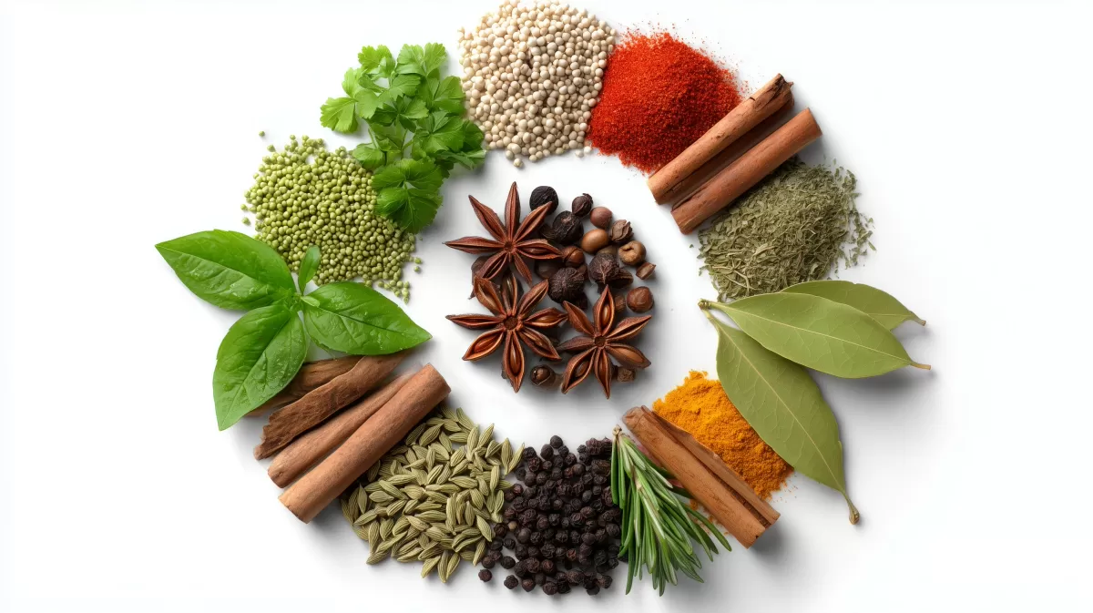 Vielfalt an Gewürzen und Kräutern auf weißem Hintergrund