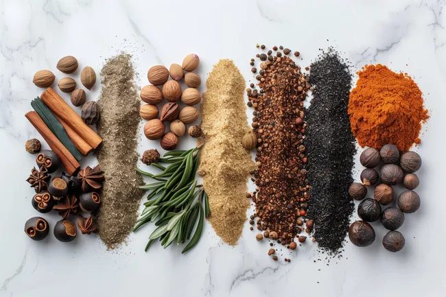 Vielfalt an Gewürzen und Nüssen auf Marmor